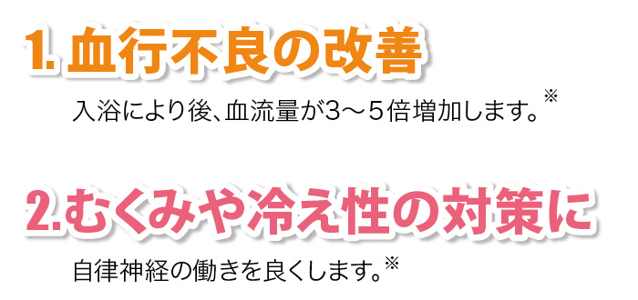 1. 血行不良の改善 2.むくみや冷え性の対策に